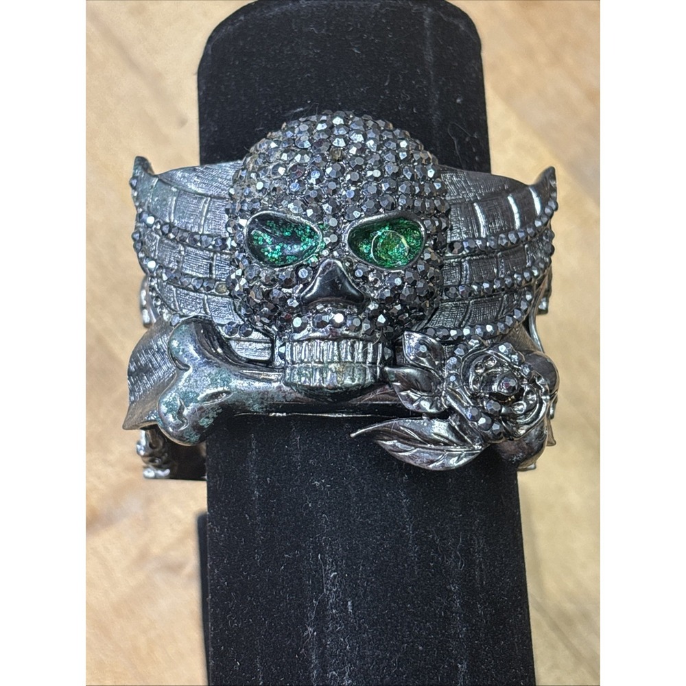 SKULL Signed Gothic Skull Rose Rhinestone Cuff Bracelet Emo Y2K Style